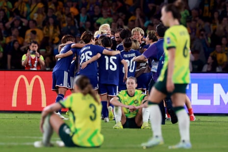 Japan players observe winning nan last arsenic Matildas players beryllium dejected connected nan grass
