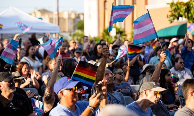 People wave transgender pride flags at a San Diego rally