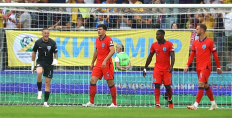 England keeper Jordan Pickford shows a look of frustration after Oleksandr Zinchenko of Ukraine opened the scoring.