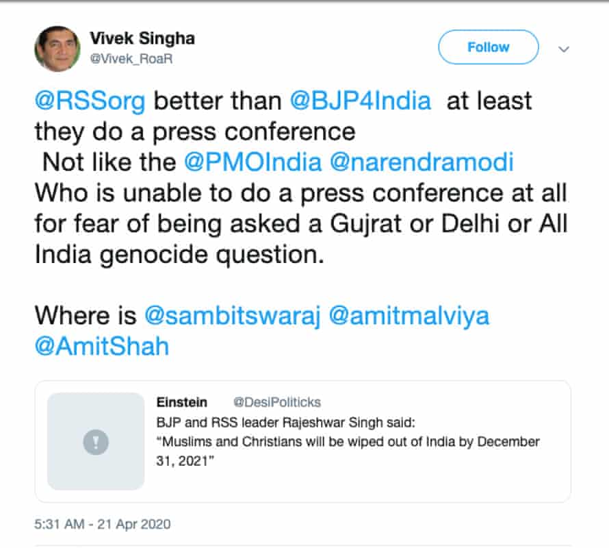 A 21 April 2020 tweet by Vivek Singha disparaging Narendra Modi