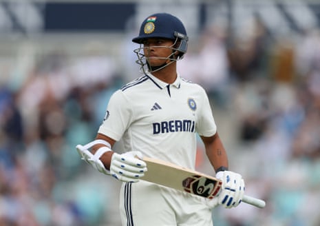 India's Yashasvi Jaiswal walks after losing his wicket, lbw off the bowling of England's Gus Atkinson.