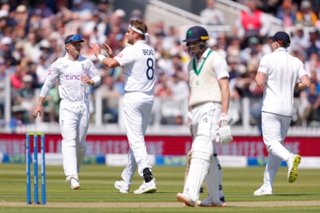 England's Stuart Broad celebrates after taking the wicket of Ireland's James McCollum.
