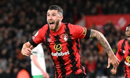 Marcos Senesi shows his joy after giving Bournemouth the lead.