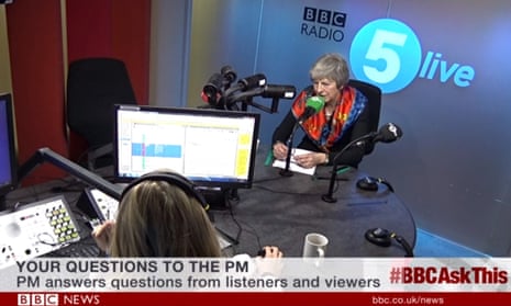 Video grab taken from BBC News of Prime Minister Theresa May taking calls on the BBC News Channel and BBC Radio 5 Live