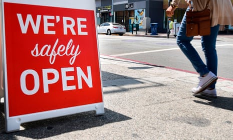A sign in Los Angeles announces that a restaurant is “safely” open. 