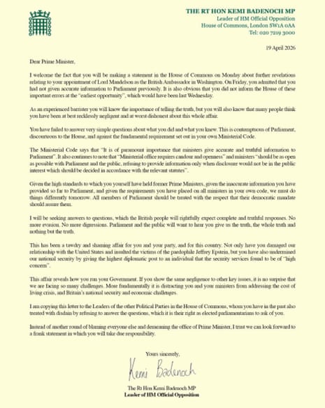 Letter to PM