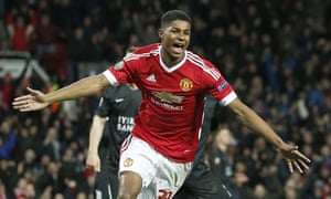 Marcus Rashford celebrates after scoring his second goal and United’s third. 