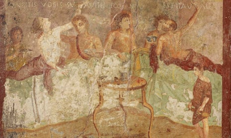 A Pompeii dinner party, with the inscriptions ‘Make yourselves comfortable’; ‘I am singing’; ‘Go for it!’ 