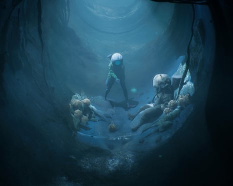 In End of Abyss, a diver in a helmet suit reaches toward creatures in a dim underwater cave