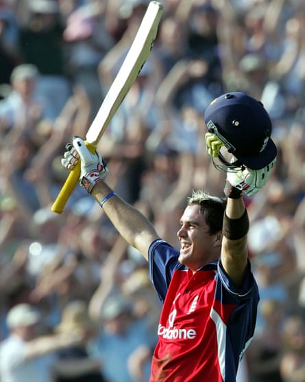 Kevin Pietersen celebrates victory after scoring 91 not out as England beat Australia in a one-day international at the County Ground, Bristol, in 2005