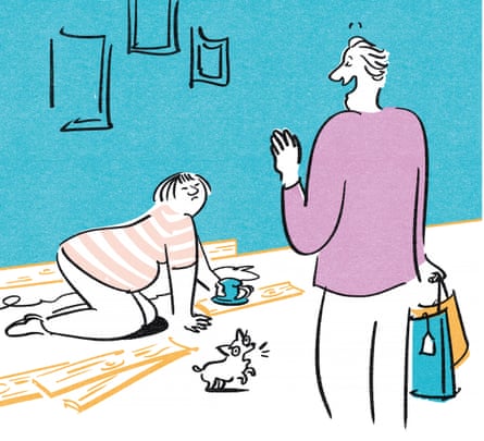 Illustration of a man with shopping bags coming home while his partner is sanding skirting boards
