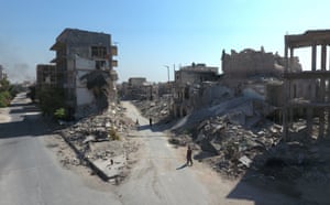 An aerial view of the buildings destroyed by the Assad regime forces and Russian army in the Tariq al-Bab neighborhood