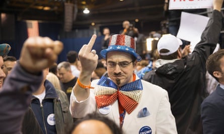 A Trump supporter reacts to protesters inside the UIC Pavilion.