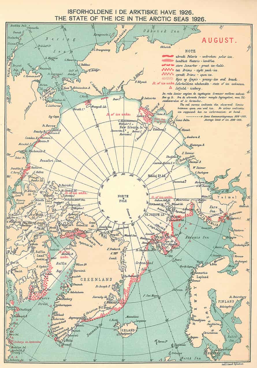 A Danish Meteorological Institute ice chart for August, 1926. The red symbols mark the location of observations recorded in ship logbooks.