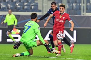 Jota scores one of his three goals against Atalanta in the Champions League in November 2020