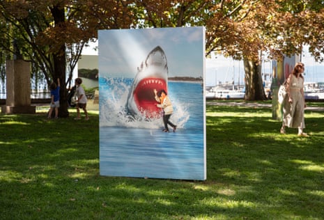 A Martina Bacigalupo print of a photo exchanged between the artist and her former nanny, showing a Chiou Taur Wu pretending she’s about to be eaten by a shark.