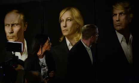 The triptych of Vladimir Putin, Donald Trump and Marine Le Pen at Maria Katsanova’s Trump inauguration party in Moscow