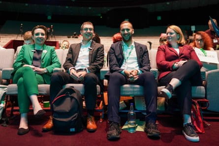 From left … Carla Denyer, Adrian Ramsay, Polanski, and Green party chief executive Mary Clegg.