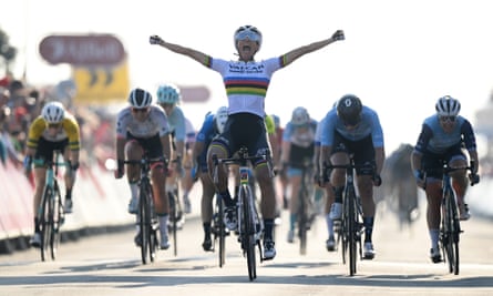 Elisa Balsamo celebrates at the line after kicking to sprint victory at the end of the Women’s Tour of Britain.