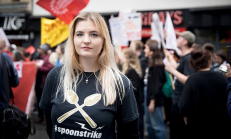 Katie Southworth on strike in Leicester Square on 4 October.