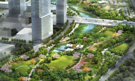 An illustration of Xinyuexie Park, Wuhan, China, designed to improve a natural storm corridor.