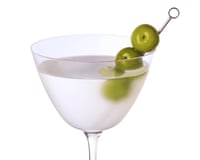 Legare’s bay leaf martini with olives in a glass.