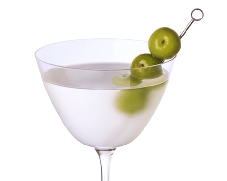 Legare’s bay leaf martini with olives in a glass.