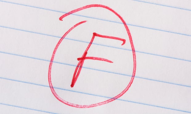 “F” grade written in red pen on notebook paper.