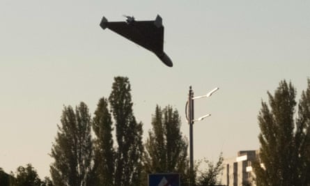 A drone approaches for an attack in Kyiv on Monday.