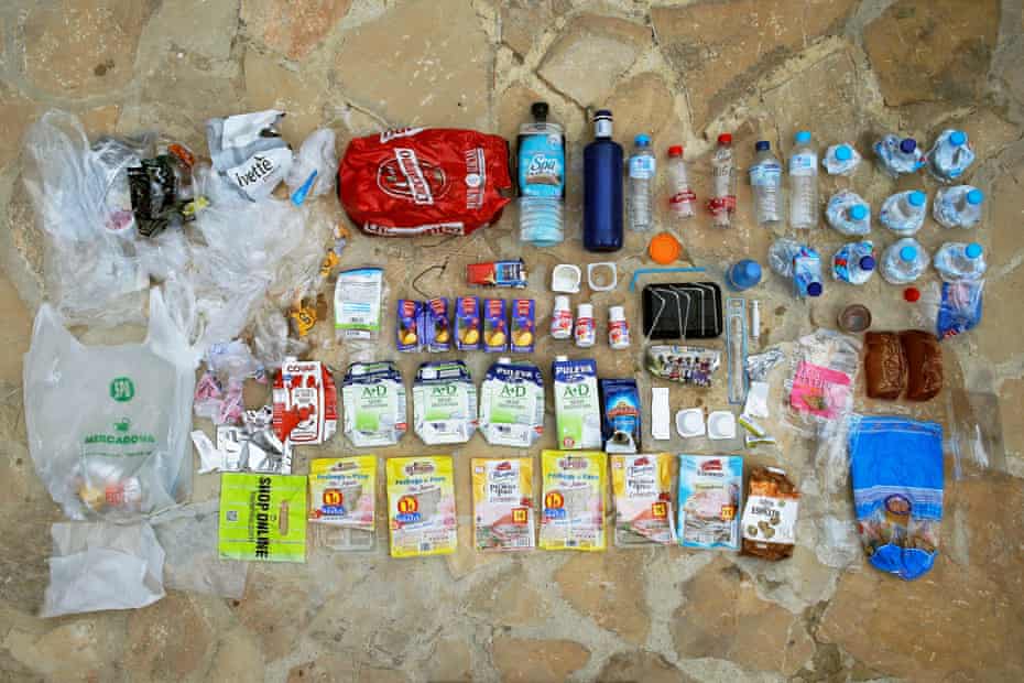 One week’s worth of plastic waste, used and collected by the Compas Ponce family in Arriate, southern Spain.