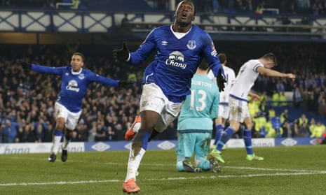 Everton’s Romelu Lukaku celebrates scoring his first goal in the 2-0 FA Cup quarter-final win over Chelsea last season.