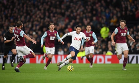 Son Heung-min of Tottenham breaks to score his team’s third against Burnley.