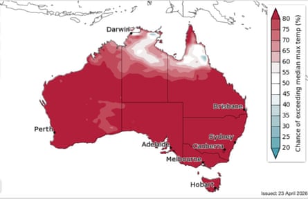 Areas in red are expected to see higher than average maximum temperatures from May to July.