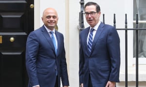 Britain's Chancellor of the Exchequer Sajid Javid poses with US Treasury Secretary Steve Mnuchin outside 11 Downing Street in central London on August 27, 2019.