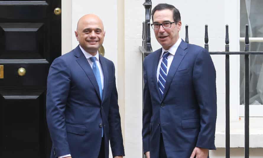 Britain’s Chancellor of the Exchequer Sajid Javid poses with US Treasury Secretary Steve Mnuchin outside 11 Downing Street in central London on August 27, 2019.
