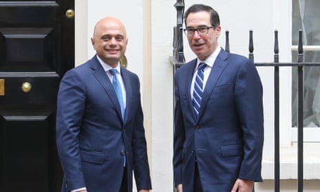 Britain’s Chancellor of the Exchequer Sajid Javid poses with US Treasury Secretary Steve Mnuchin outside 11 Downing Street in central London on August 27, 2019.