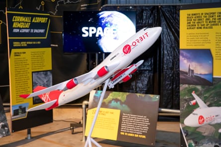 A model of the 747 aeroplane, nicknamed Cosmic Girl, which will carry the Launcher One rocket beneath one of its wings.