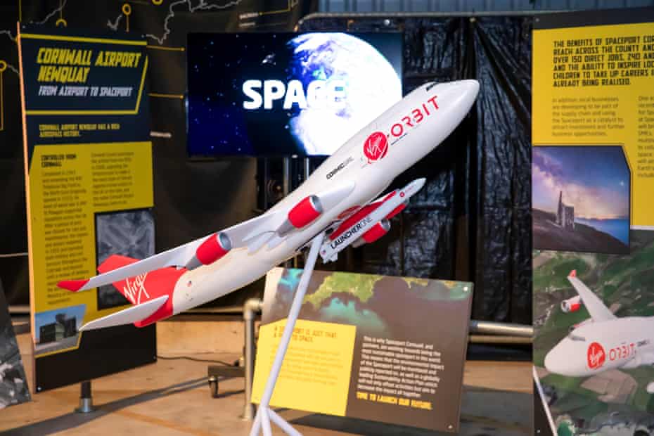 A model of the 747 aeroplane, nicknamed Cosmic Girl, which will carry the Launcher One rocket beneath one of its wings.