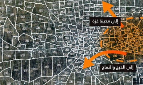 Close-up of a map of Gaza divided into many blocks, with some shaded in orange and orange arrows indicating they should be evacuated