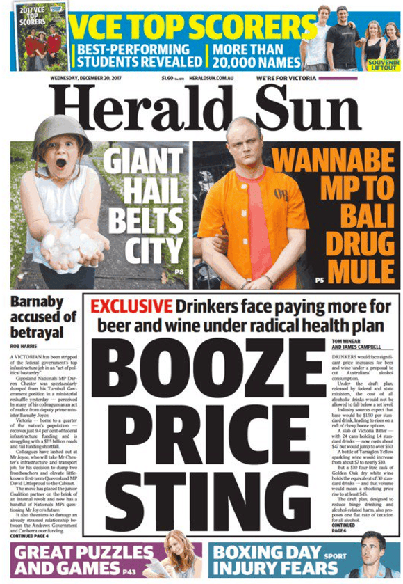 Front page of the Herald Sun, 20 December 2017