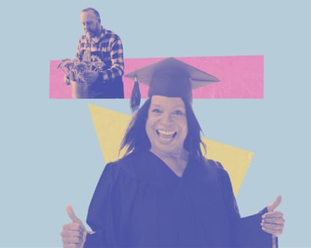 A woman wearing a gown and mortar board doing a thumbs up; and a man in a check shirt in the background with flowers