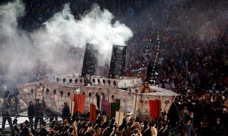 Actors perform during the opening ceremony at the 2012 Summer Olympics, including a mock-up of Empire Windrush.