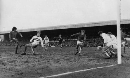 This George Best effort was blocked but from the rebound he scored his third goal in the mud at the County Ground.