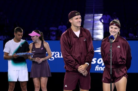 Karolína Muchová and Jakub Menšík speak after winning the US Open mixed doubles final over Switzerland’s Belinda Bencic and Italy’s Flavio Cobolli.