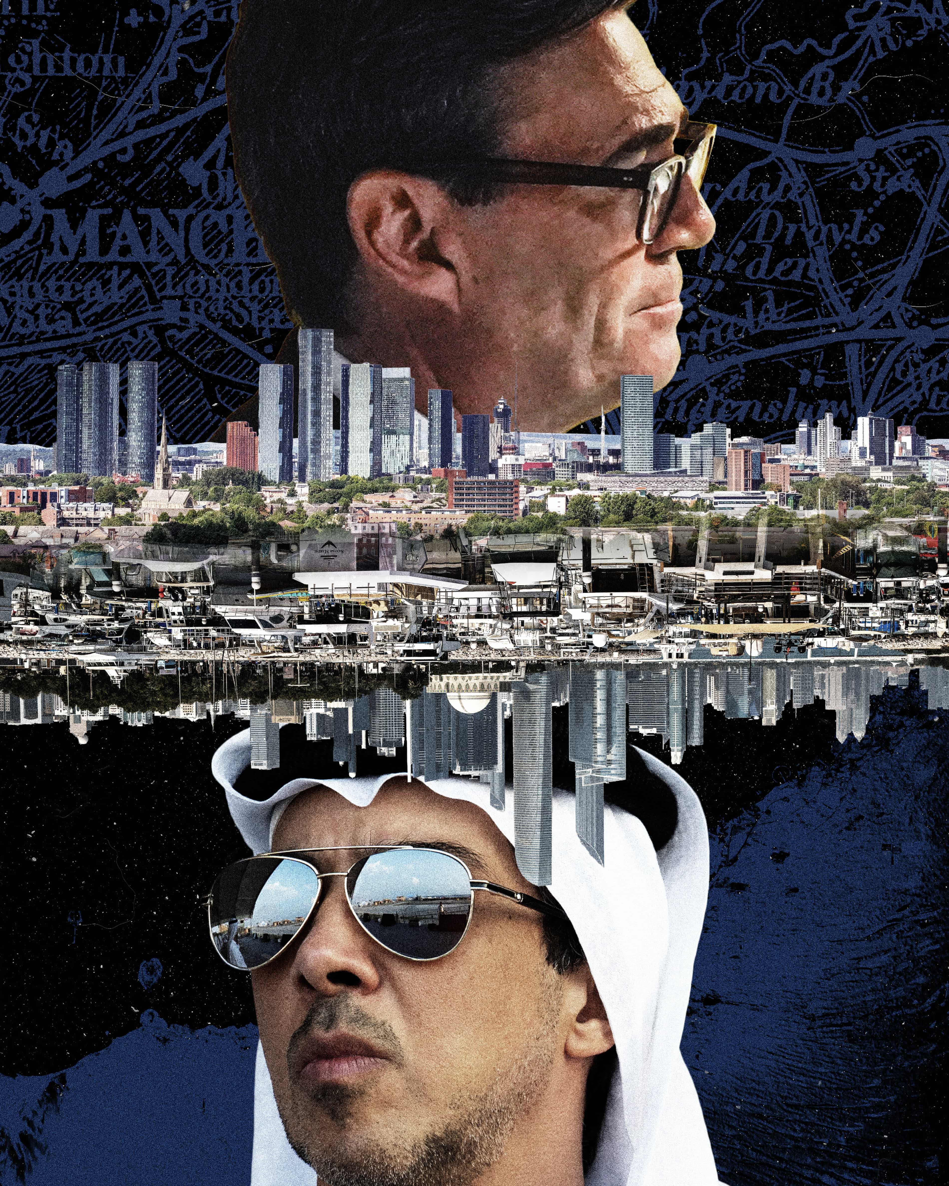 Photomontage of a PM's face above a skyline and Sheikh Mansour's below