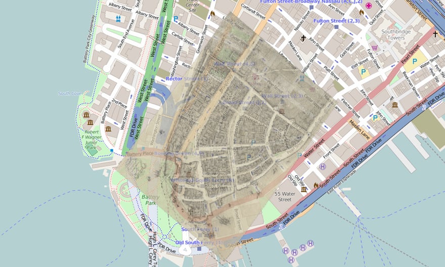A map of 1660s Manhattan overlaid on modern New York shows how much of the city’s land is manmade.