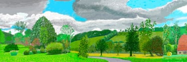 A Year in Normandie, 2020-2021Inspired by the Bayeux Tapestry, this 70m long work, currently on show at the Serpentine in London, was a vast visual journey through the changing seasons. Hockney moved to Normandy in 2018 and worked there intensively during lockdown. A Year in Normandie is a composite work, formed of 100 images completed outdoors on his iPad. Visitors can see the seasons unfold as the walk through the gallery.