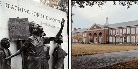 Left: Barbara Johns is quoted on the Virginia Civil Rights Memorial. Visible are the words "reaching for the moon" and Johns' name. Right: exterior of Granby high school in Norfolk, Virginia.