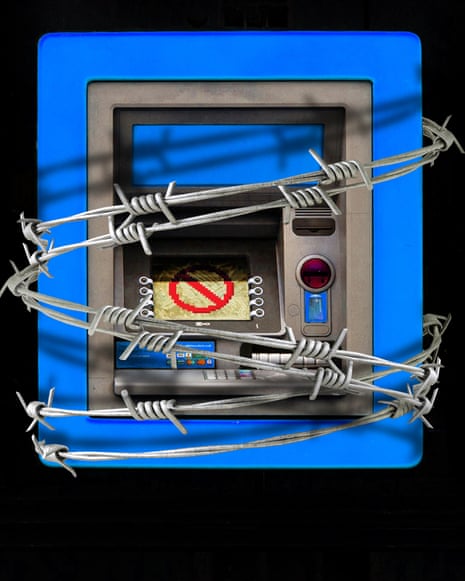 A composite illustration of a cash machine surrounded by barbed wire.