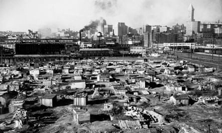 A ‘Hooverville’ collection of unemployed people’s shack dwellings in Seattle, Washington, in 1933.